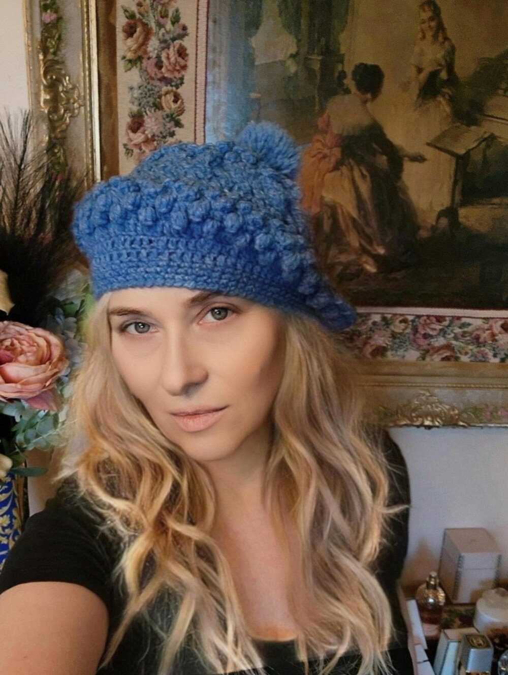 Vintage 70s Slate Blue Crochet Beret Pom Pom Hat Handmade Boho One Size